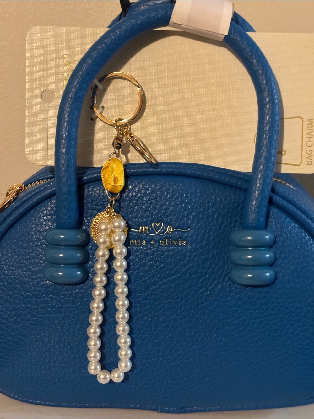 Mia + Olivia Blue Dome Satchel Handbag with Emberly Pearl Bow Bag Charm NWT